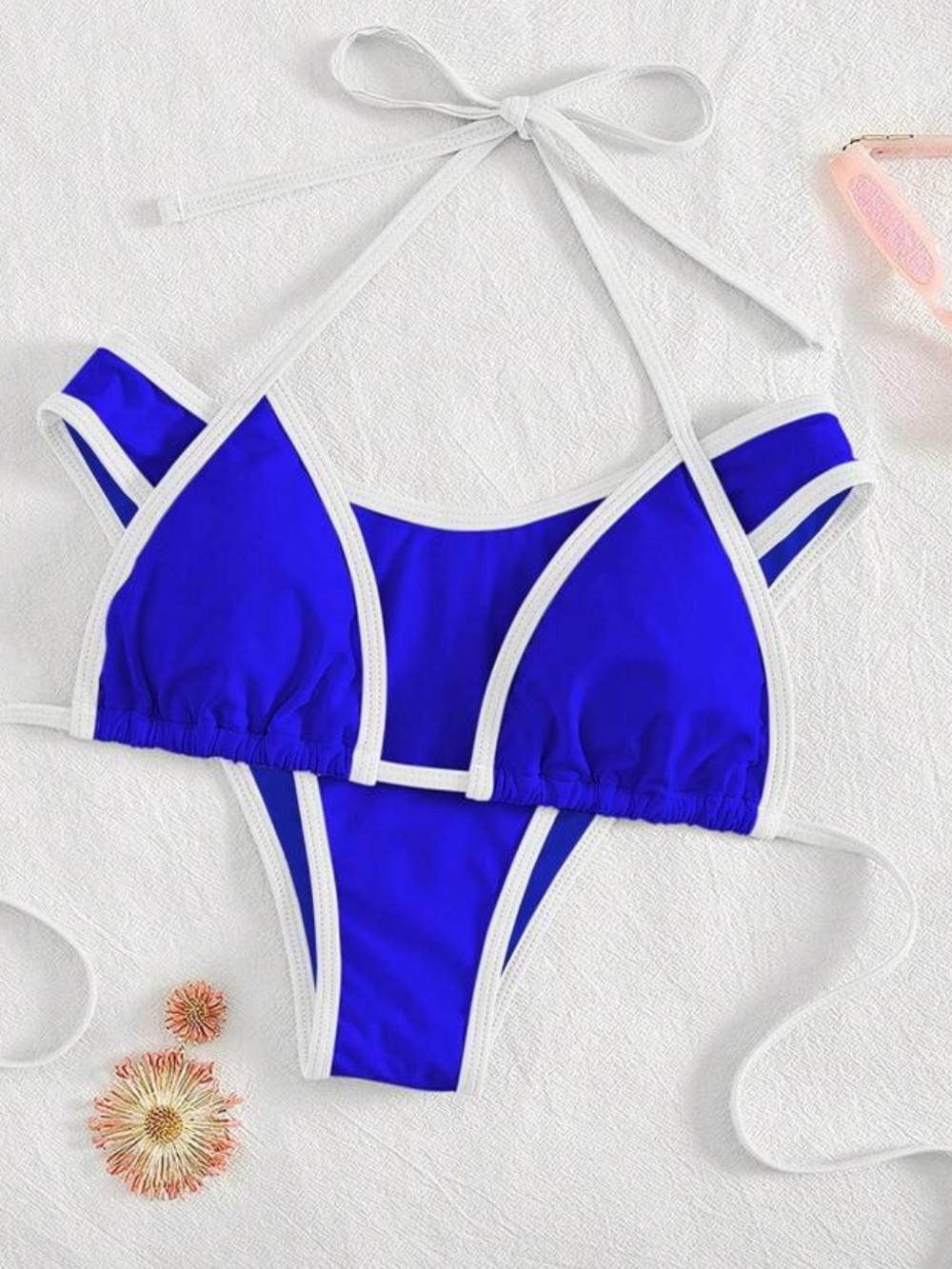 Blue Contrast-Trim Halter Bikini Set - Unbranded
